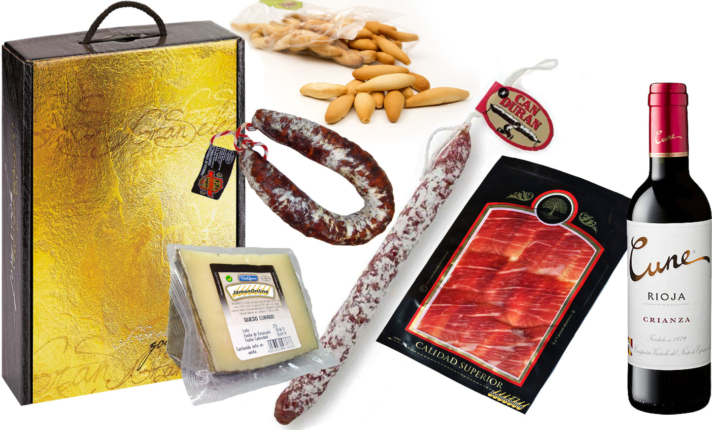 Lote Regalo. 1 Cuña Queso Curado , 1 Chorizo Salamanca, 1 Fuet Can Duran, 1 Paq. Jamón Ibérico, Vino Cune y Picos de Pan.