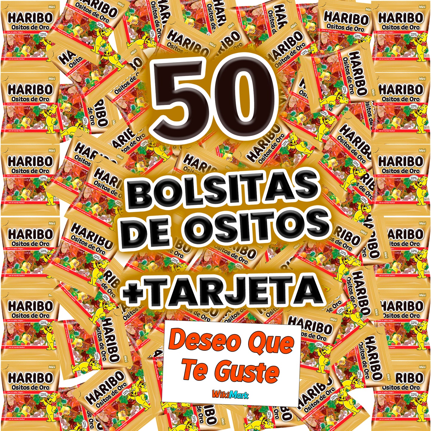 Lote 50 Mini Bolsitas Ositos de Oro Haribo con Tarjeta WikiMark "Deseo que Te Guste". Bolsitas de Gominolas Haribo Perfectas para Regalar en Cumpleaños, Halloween, Comuniones o Navidad.