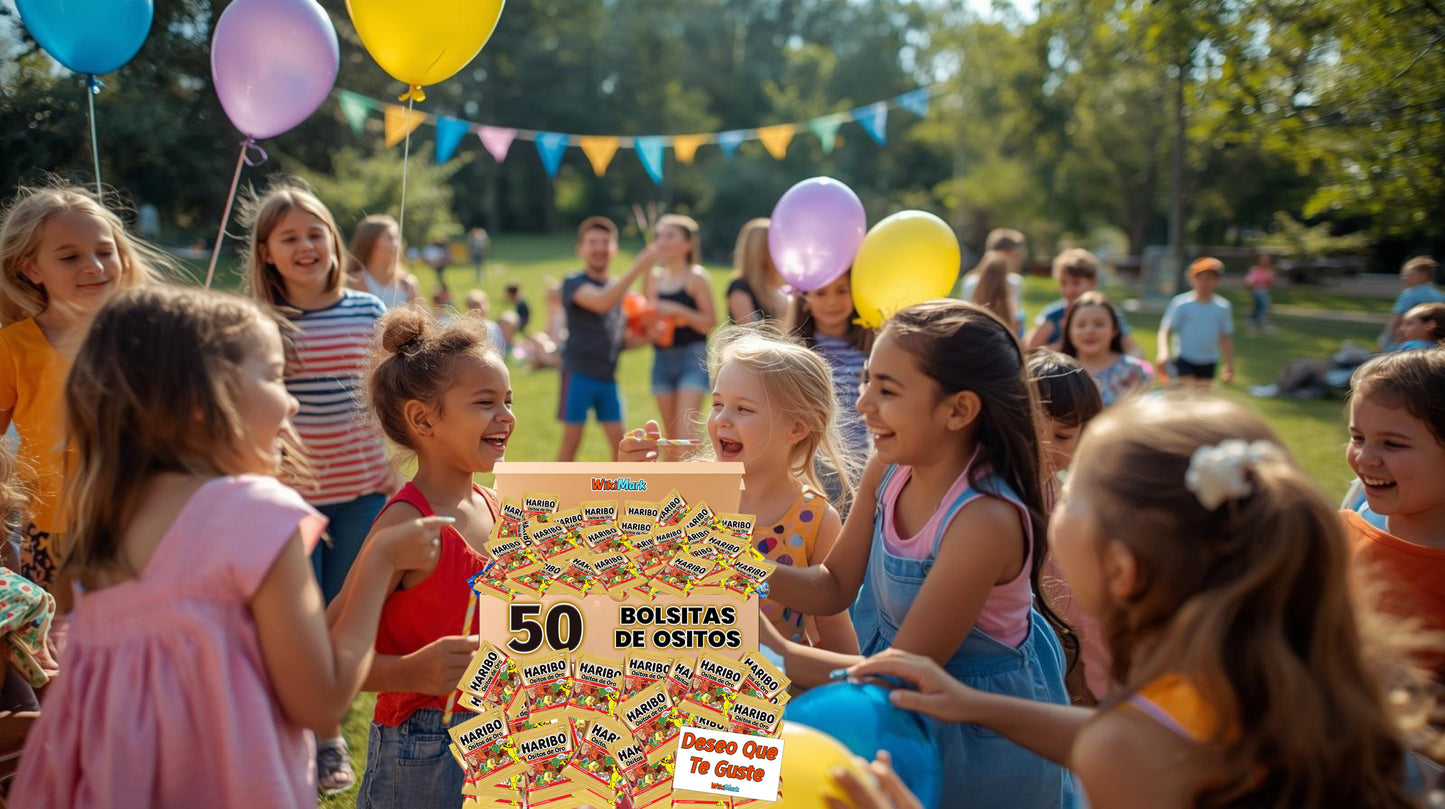 Lote 50 Mini Bolsitas Ositos de Oro Haribo con Tarjeta WikiMark "Deseo que Te Guste". Bolsitas de Gominolas Haribo Perfectas para Regalar en Cumpleaños, Halloween, Comuniones o Navidad.