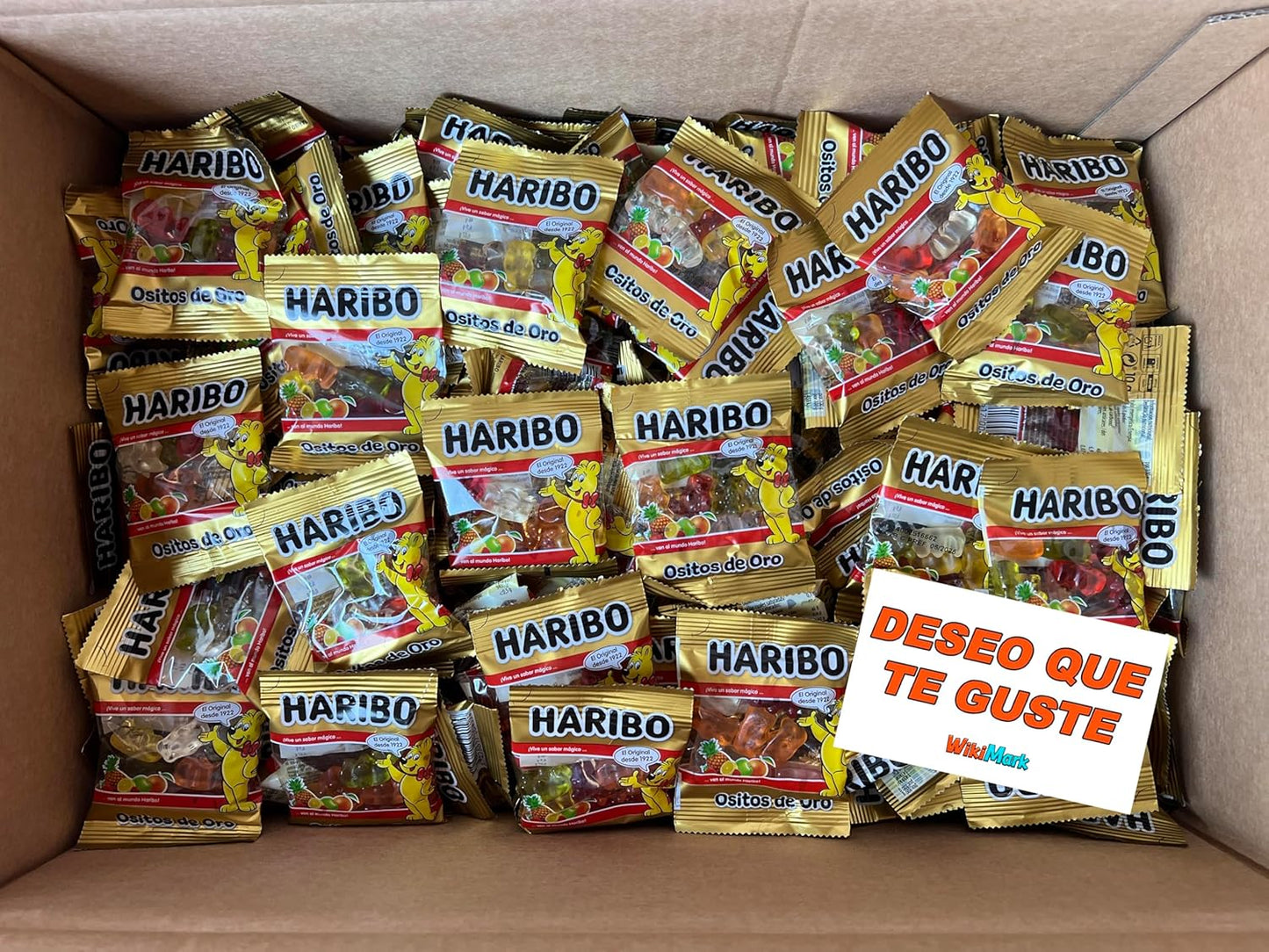 Lote 50 Mini Bolsitas Ositos de Oro Haribo con Tarjeta WikiMark "Deseo que Te Guste". Bolsitas de Gominolas Haribo Perfectas para Regalar en Cumpleaños, Halloween, Comuniones o Navidad.