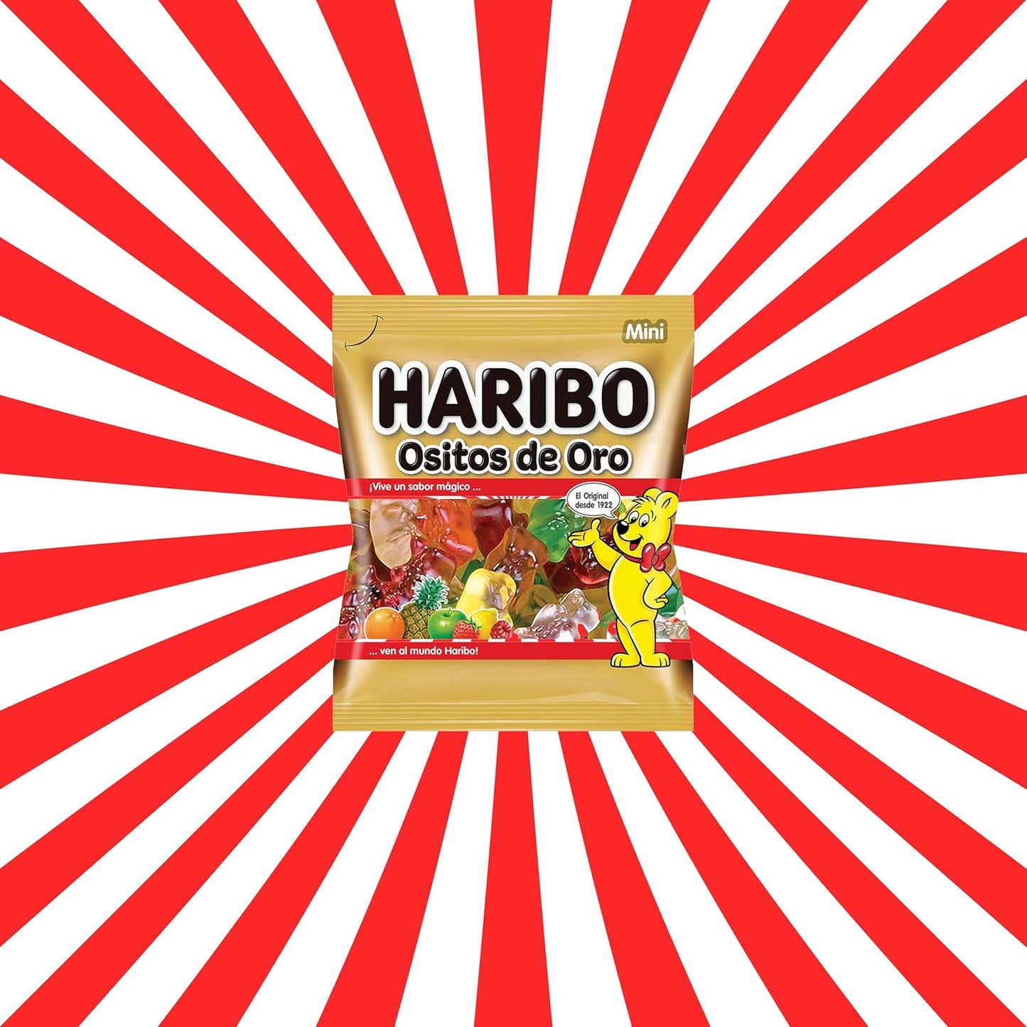 Lote 50 Mini Bolsitas Ositos de Oro Haribo con Tarjeta WikiMark "Deseo que Te Guste". Bolsitas de Gominolas Haribo Perfectas para Regalar en Cumpleaños, Halloween, Comuniones o Navidad.