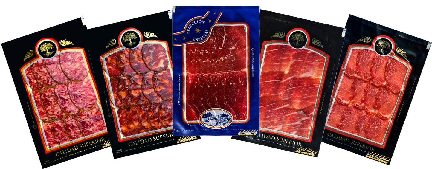 Surtido Ibéricos Bellota Loncheado de 5 Productos, Jamón Bellota, Lomo Bellota, Chorizo Bellota, Salchichón Bellota, Cecina de Vaca.