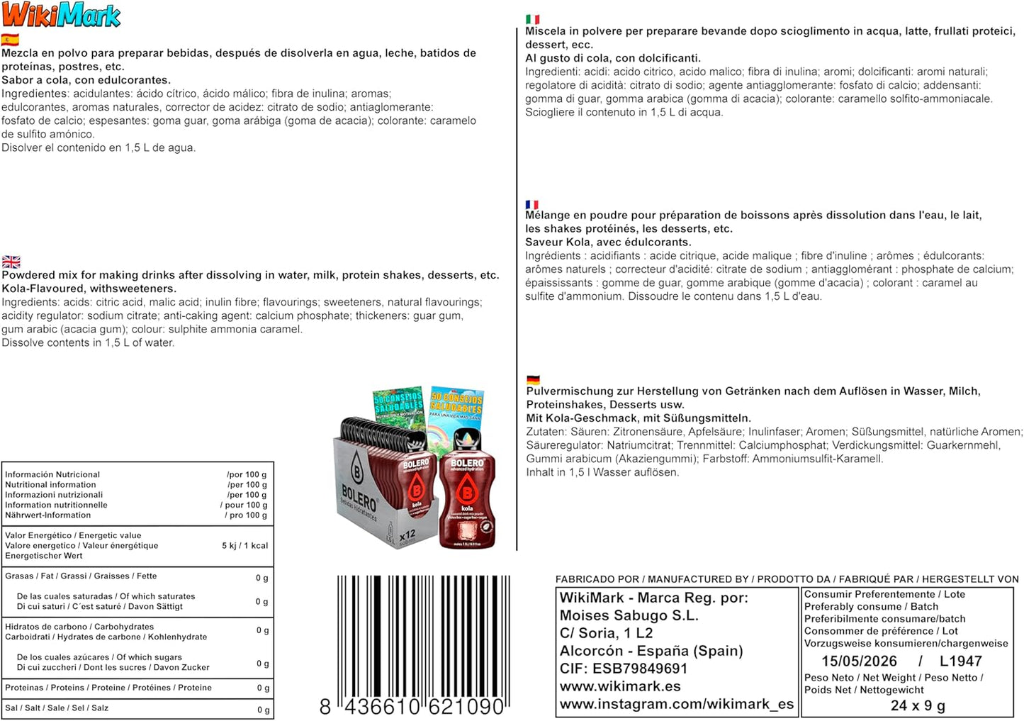 Lote Bebida Bolero (24 x 9 Gr) Sabor COLA Hidratante con Vitamina C, Sin Azúcar + Tarjeta con 100 Consejos Saludables y Vida Sana x WikiMark (24 Sobres + Tarjeta 100 Consejos, COLA (KOLA)) (Copia)