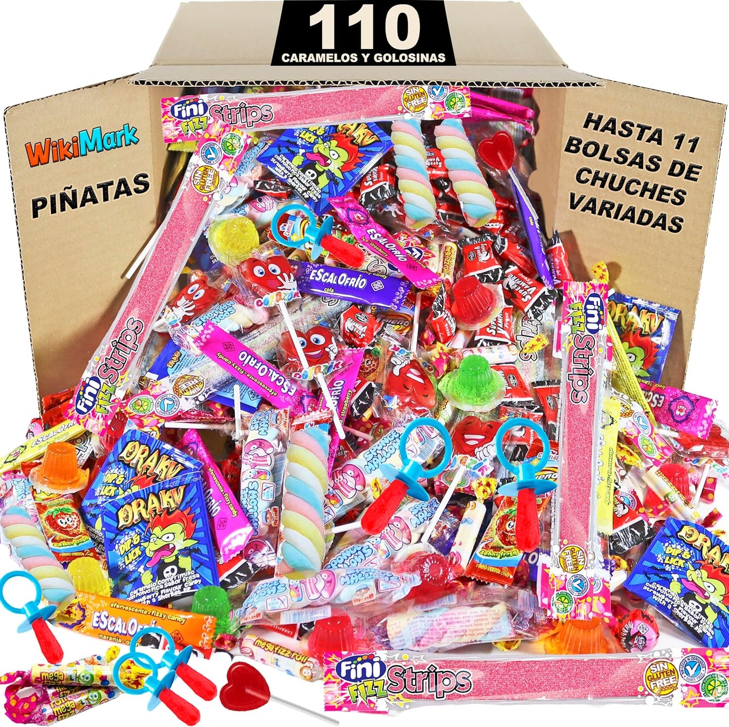 Mega Box 110 Chuches Relleno de Piñata Sin Ningún Alérgeno, Golosinas y Caramelos - Perfecto Para Cumpleaños, Fiestas, Navidad, Halloween. Sin Gluten y Sin Leche. Incluye Lenguas de Fresa.