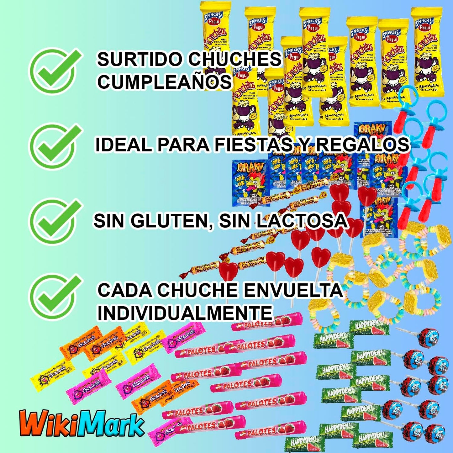 Super Pack Chuches de las Mejores Marcas, Incluye Monchitos, Lacasitos, Palotes, Caramelos para Hallowen, Navidad, Cumplea–os y Fiestas de Ni–as y Ni–os. Caja Regalo WikiMark (Caja de 100)