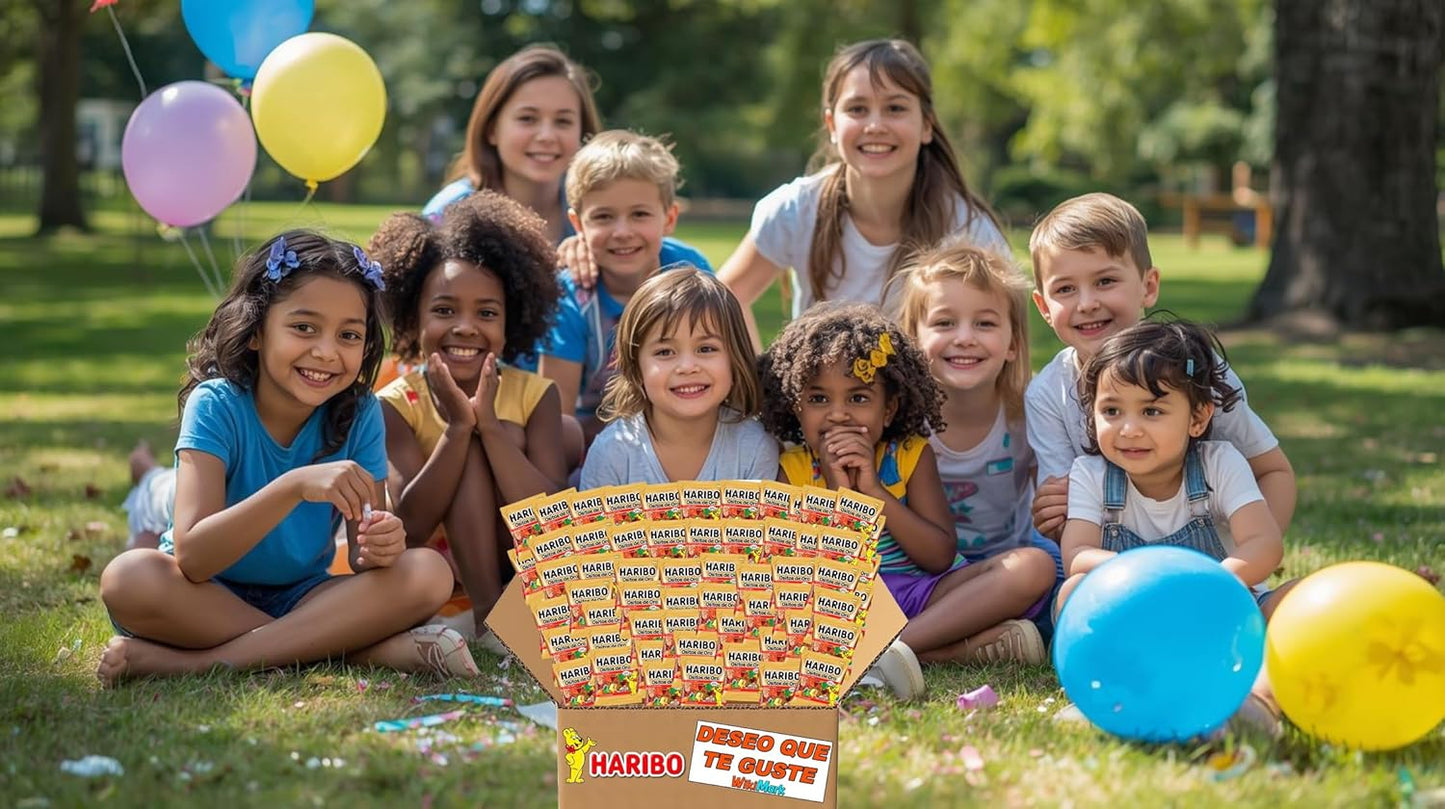 Lote Mini Bolsitas Ositos Haribo con Tarjeta WikiMark "Deseo que Te Guste". Bolsitas de Gominolas Haribo Perfectas para Regalar en Cumpleaños, Comuniones o Bautizos. (100 Bolsitas)