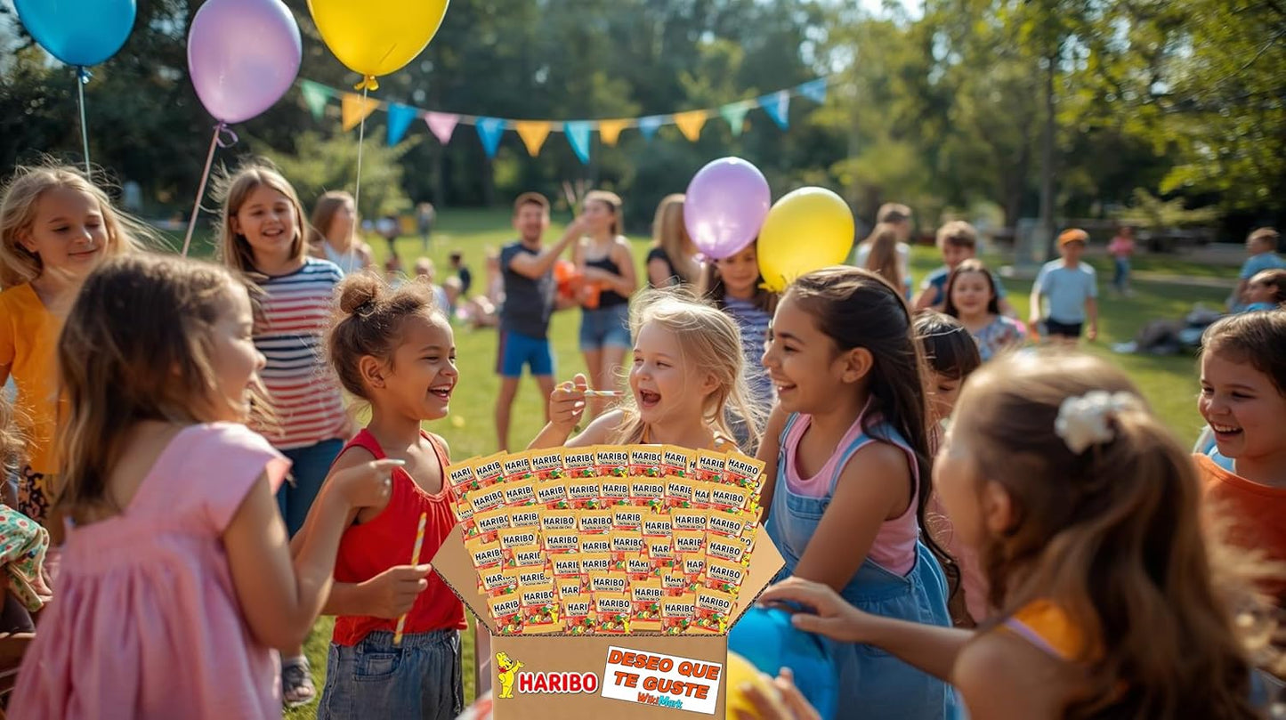 Lote Mini Bolsitas Ositos Haribo con Tarjeta WikiMark "Deseo que Te Guste". Bolsitas de Gominolas Haribo Perfectas para Regalar en Cumpleaños, Comuniones o Bautizos. (100 Bolsitas)