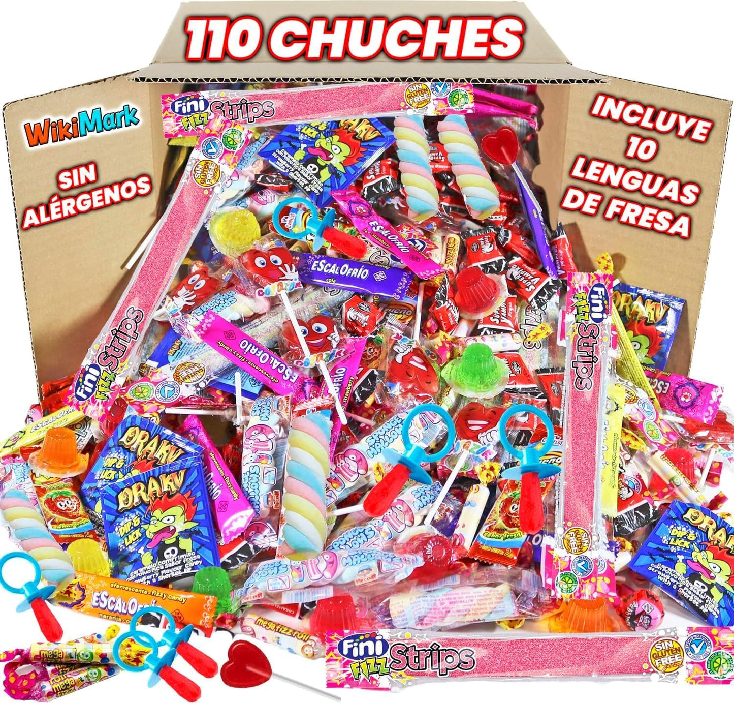 Mega Box 110 Chuches Relleno de Piñata Sin Ningún Alérgeno, Golosinas y Caramelos - Perfecto Para Cumpleaños, Fiestas, Navidad, Halloween. Sin Gluten y Sin Leche. Incluye Lenguas de Fresa.