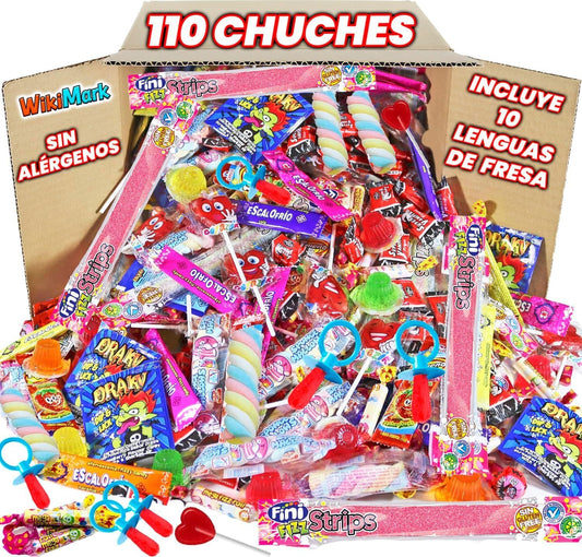 Mega Box 110 Chuches Relleno de Piñata Sin Ningún Alérgeno, Golosinas y Caramelos - Perfecto Para Cumpleaños, Fiestas, Navidad, Halloween. Sin Gluten y Sin Leche. Incluye Lenguas de Fresa.