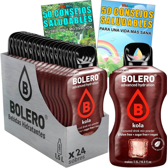 Lote Bebida Bolero (24 x 9 Gr) Sabor COLA Hidratante con Vitamina C, Sin Azúcar + Tarjeta con 100 Consejos Saludables y Vida Sana x WikiMark (24 Sobres + Tarjeta 100 Consejos, COLA (KOLA)) (Copia)
