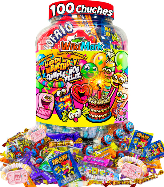 WikiMark - Bote 100 Chuches Surtidas para Cumpleaños y Piñatas | Caramelos Variados Infantiles | Golosinas para Fiestas, Candy Bar y Bolsas de Regalo | Mix Dulces Sin Gluten y Sin Leche