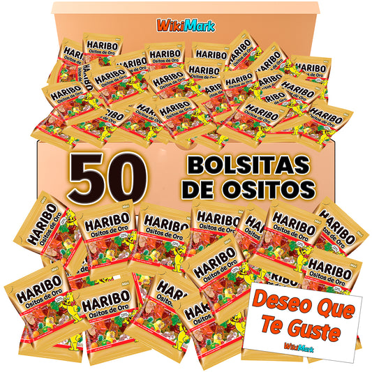 Lote 50 Mini Bolsitas Ositos de Oro Haribo con Tarjeta WikiMark "Deseo que Te Guste". Bolsitas de Gominolas Haribo Perfectas para Regalar en Cumpleaños, Halloween, Comuniones o Navidad.