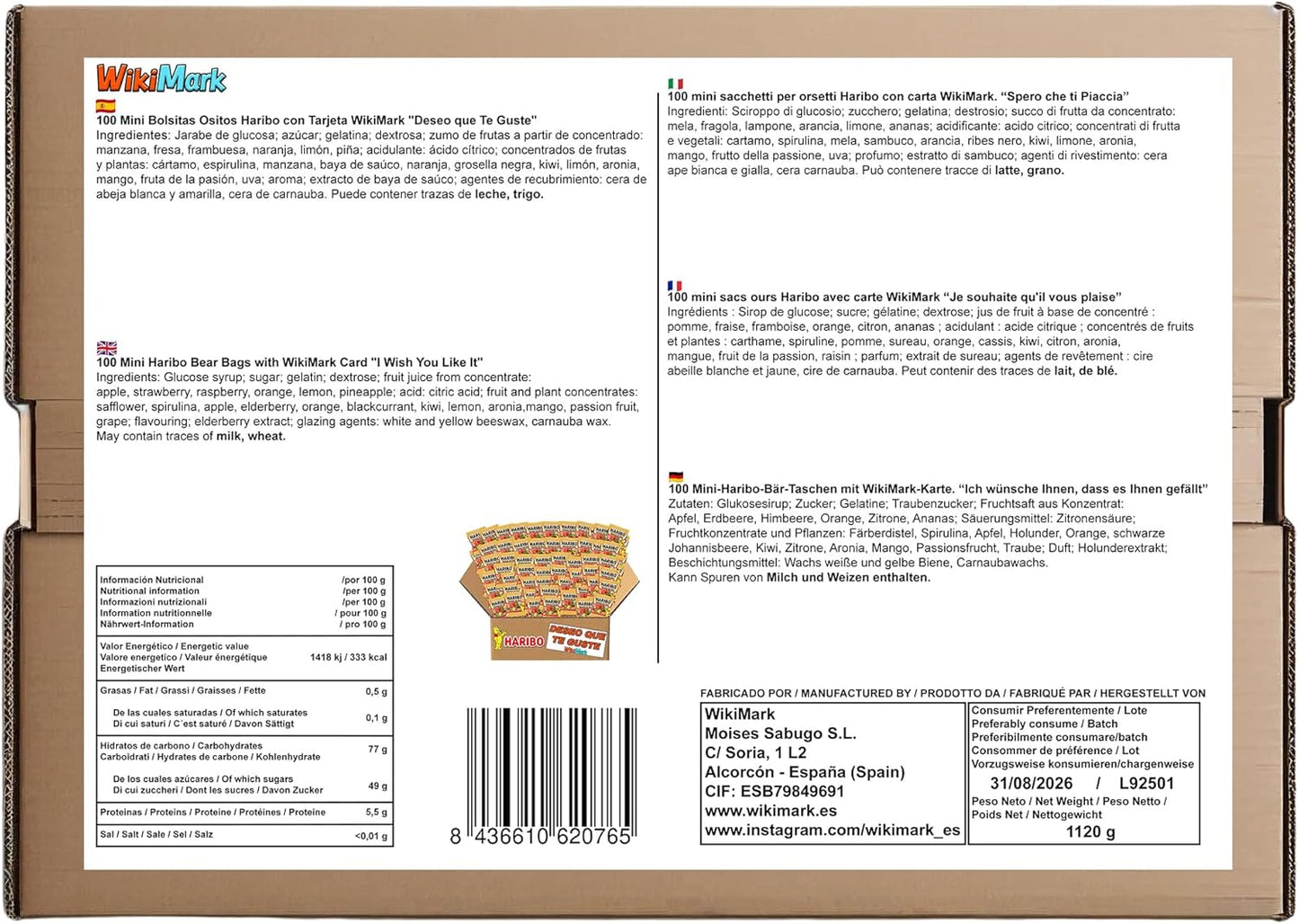 Lote Mini Bolsitas Ositos Haribo con Tarjeta WikiMark "Deseo que Te Guste". Bolsitas de Gominolas Haribo Perfectas para Regalar en Cumpleaños, Comuniones o Bautizos. (100 Bolsitas)