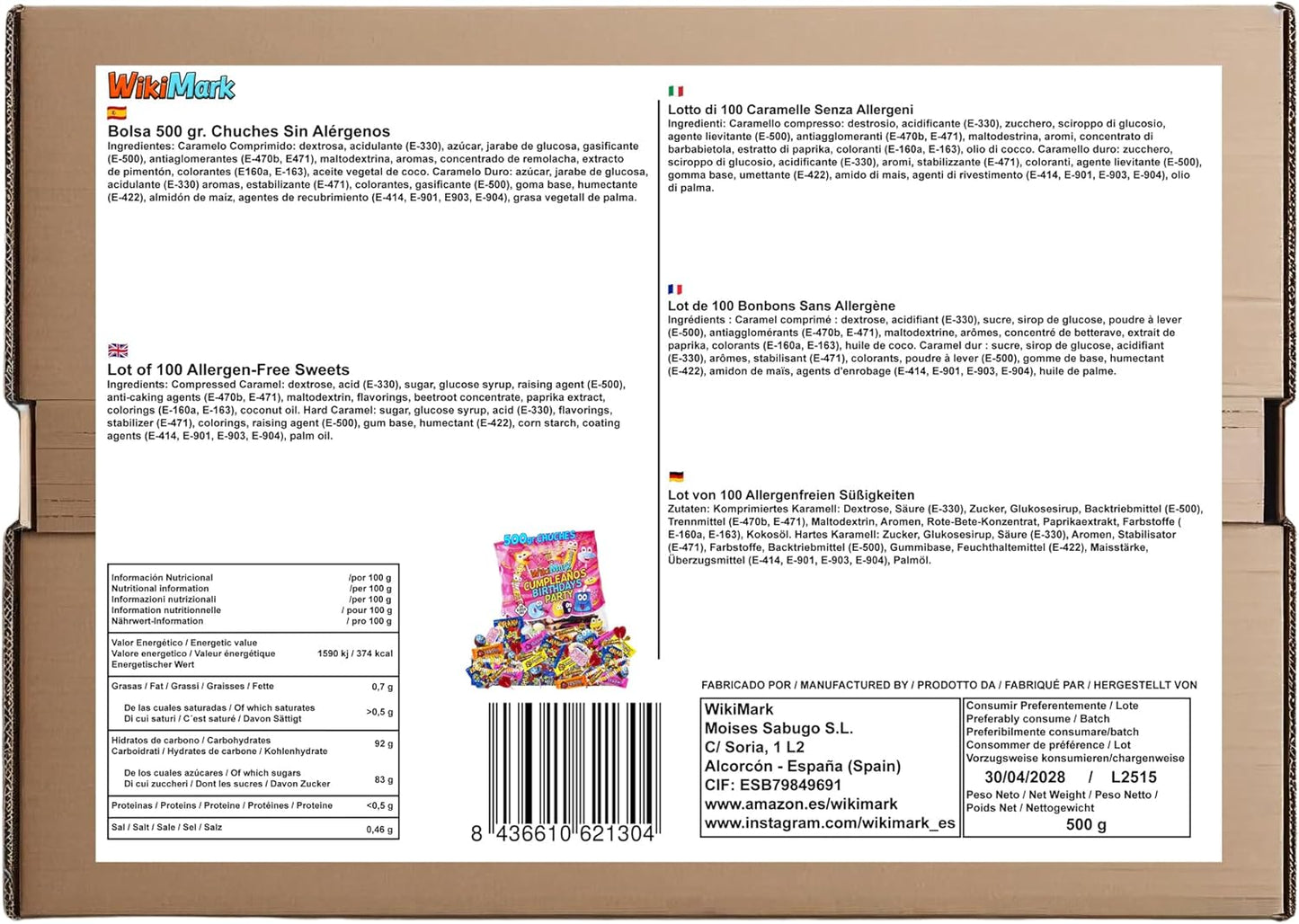 Mega Pack Bolsa 500 gr Chuches Cumpleaños. Chucherias Relleno Piñata. Sin Alérgenos. Bolsa Golosinas Cumpleaños. Pack Caramelos. Relleno Piñatas de Cumples Infantil. 75 Chuches Aprox. WikiMark