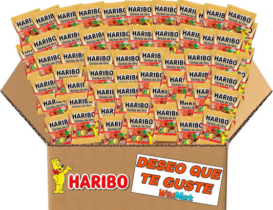 Lote Mini Bolsitas Ositos Haribo con Tarjeta WikiMark "Deseo que Te Guste". Bolsitas de Gominolas Haribo Perfectas para Regalar en Cumpleaños, Comuniones o Bautizos. (100 Bolsitas)