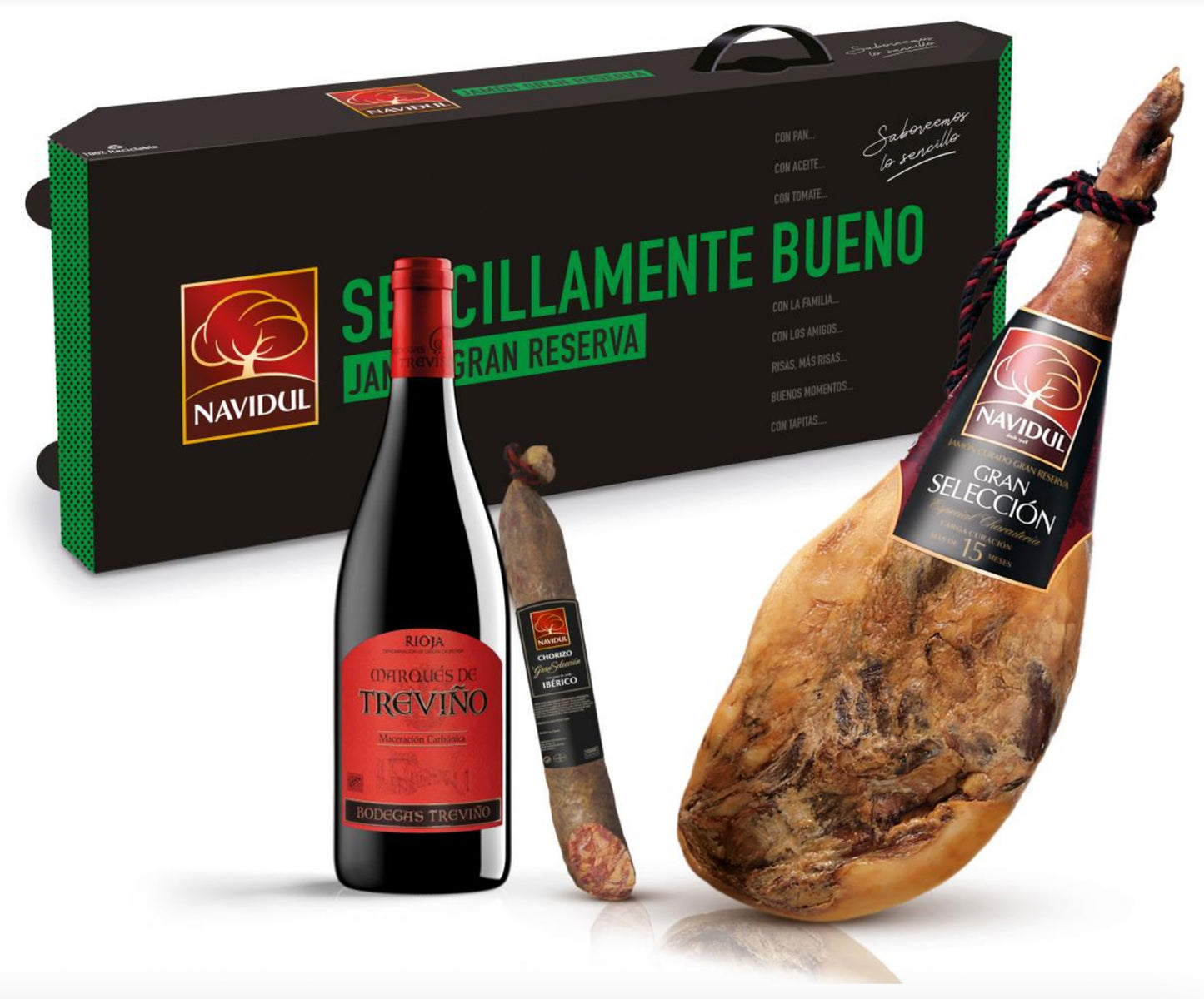 Cesta de Navidad con Jamón Reserva Gran Selección Navidul, 1 Chorizo Cular Navidul 500gr, 1 Vino Rioja Marqués de Treviño. Incluye Caja con Ruedas WikiMark