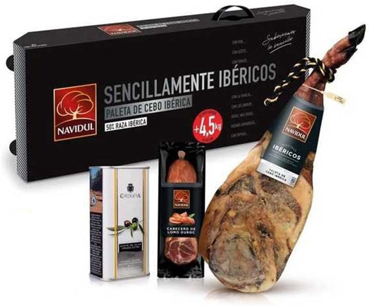 Lote Jamón Navidul Paleta de Cebo Ibérica 4,5-5 Kg + 1 Presa de Lomo Curada Duroc + 1 Lata de aceite La Chinata - Caja lote con Ruedas WikiMark