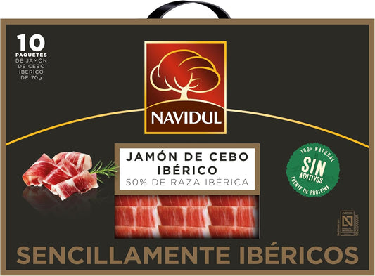 Maletín de Jamón de Cebo Ibérico Navidul (50% raza ibérica) Freshpack envasado al vacío - 10x70g, Total 700 g - Enviado por WikiMark